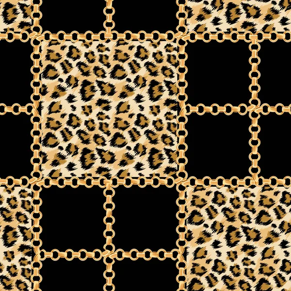 Padrão sem costura de tecido de moda de luxo com correntes douradas e fundo de pele de leopardo. Wildlife Animal Fur and Gold Jewellry Wallpaper para Design Têxtil. Ilustração vetorial — Vetor de Stock