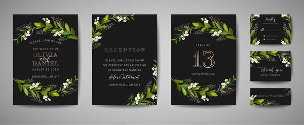 Lüks çiçek düğün tarihi, davet çiçek kartları koleksiyonu altın folyo çerçeveli kurtarmak. Vektör trendy kapak, grafik afiş, retro broşür, tasarım şablonu — Stok Vektör