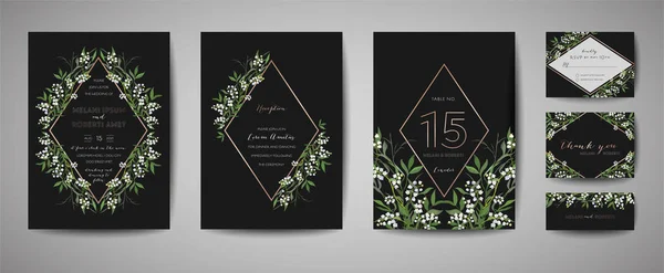 Luxury Flower Vintage Wedding Save the Date, Invitation Floral Cards Collection dengan Gold Foil Frame. Penutup trendi vektor, poster grafis, brosur retro, templat desain - Stok Vektor