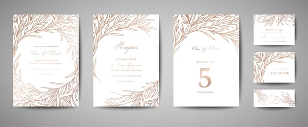 Luxe bruiloft Bewaar deze datum, uitnodiging kaarten collectie met goud folie bladeren en krans. Vector grafische poster, geometrische floral brochure, trendy cover, ontwerpsjabloon — Stockvector