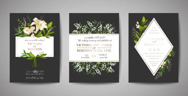 Conjunto de Convite de casamento, convite floral, obrigado, rsvp projeto de cartão rústico com decoração de folha de ouro. Vector modelo moderno elegante no fundo preto — Vetor de Stock