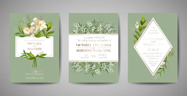 Düğün davetiyesi, çiçek kümesi davet, teşekkür ederim, rsvp rustik kart tasarımı altın folyo dekorasyonu ile. Siyah arka plan üzerine vektör zarif modern şablonu — Stok Vektör