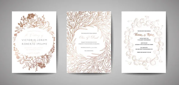 Conjunto de Boda de lujo Save the Date, Colección de Tarjetas de Invitación con Hojas de Lámina de Oro, Flores y Corona. Portada de moda vectorial, póster gráfico, folleto floral, plantilla de diseño — Vector de stock