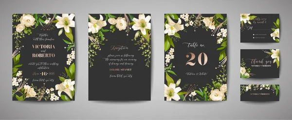 Σύνολο floral γάμο rsvp, σας ευχαριστώ, κάρτες πρόσκληση, υποδοχή, αποθηκεύσετε την ημερομηνία, πρότυπο σχεδιασμού, μοντέρνο κάλυμμα, γραφικό αφίσα, φυλλάδιο με λευκό κρίνο λουλούδια και χρυσοτυπία στοιχείων διανύσματος — Διανυσματικό Αρχείο