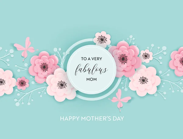 Happy Mothers Day Holiday Banner. Mother Day Greeting Card Hello Spring Paper Cut Design with Flowers and Butterfly Typography Postcard. Vector illustration