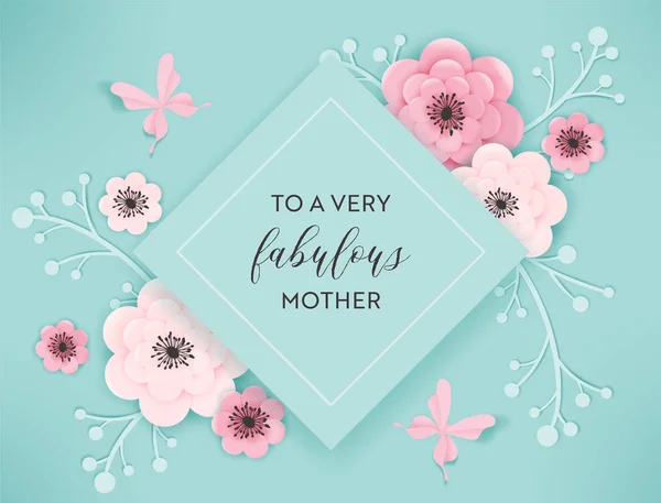 Feliz Día de las Madres Banner de vacaciones. Tarjeta de felicitación para el Día de la Madre Hello Spring Paper Cut Design with Flowers and Butterfly Typography Postcard. Ilustración vectorial — Vector de stock