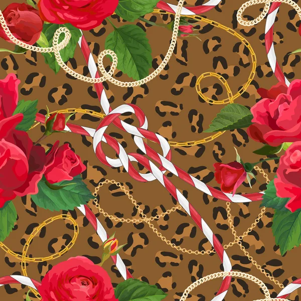 Zlaté řetězy, leopardí kůže a květiny bezešvé vzory. Módní pozadí se zlatým řetízkem, provazem a květinovými elementy pro tapetu, textilní tisk. Vektorová ilustrace — Stockový vektor