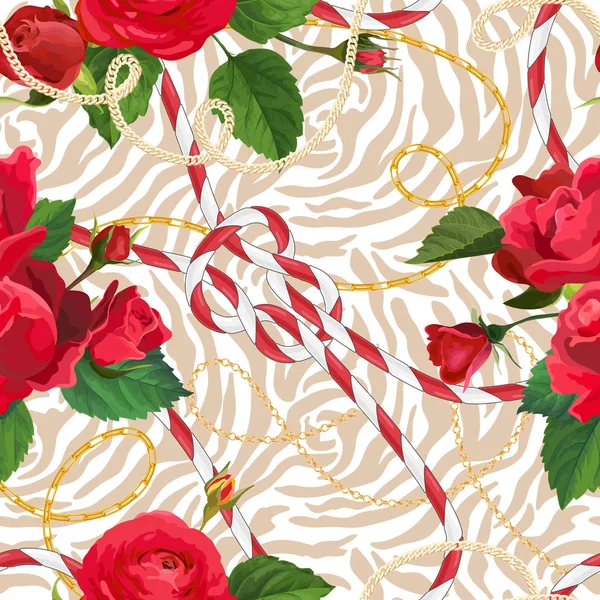Zlaté řetízky, Jorkšírský teriér a bezešvé vzor květiny tkaniny. Módní pozadí se zlatým řetězem, lanem a květinové prvky pro tapety, textilní tisk. Vektorové ilustrace — Stockový vektor