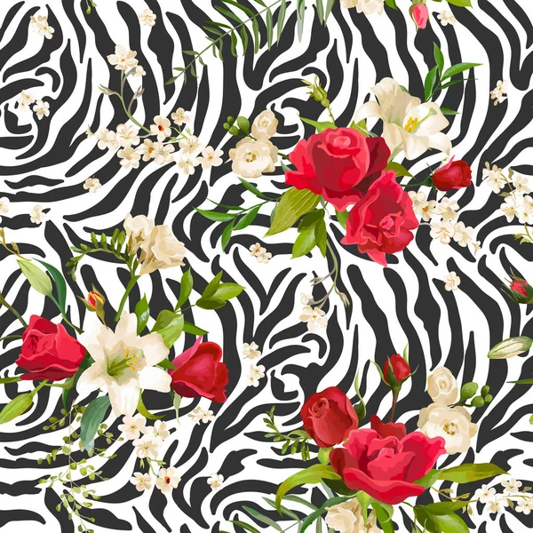 Bloemen en Zebra huid naadloze patroon. Dierlijke weefsel achtergrond met bloemen elementen Fashion afdrukontwerp voor behang, textiel. Vectorillustratie — Stockvector