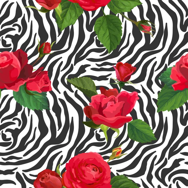 Çiçekler ve Zebra Dikişsiz desen deri. Hayvan kumaş arka plan duvar kağıdı, tekstil için çiçek öğeleri moda baskı tasarımı ile. Vektör çizim — Stok Vektör