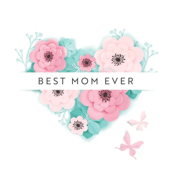 Felice Festa della Mamma Bandiera. Biglietto di auguri per la Festa della Mamma Hello Spring Paper Cut Design with Flowers and Heart Typography Poster. Illustrazione vettoriale — Vettoriale Stock