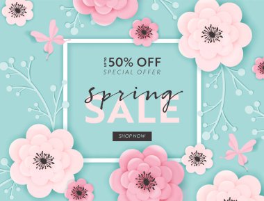 Bahar satış Banner arka plan ile kağıt çiçek ve çiçek öğeleri kes. Bahar indirim çeki şablon, broşür, Poster, promosyon reklam. Vektör çizim