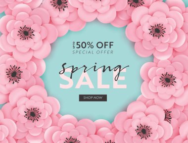 Bahar satış Banner arka plan ile kağıt çiçek ve çiçek öğeleri kes. Bahar indirim çeki şablon, broşür, Poster, promosyon reklam. Vektör çizim