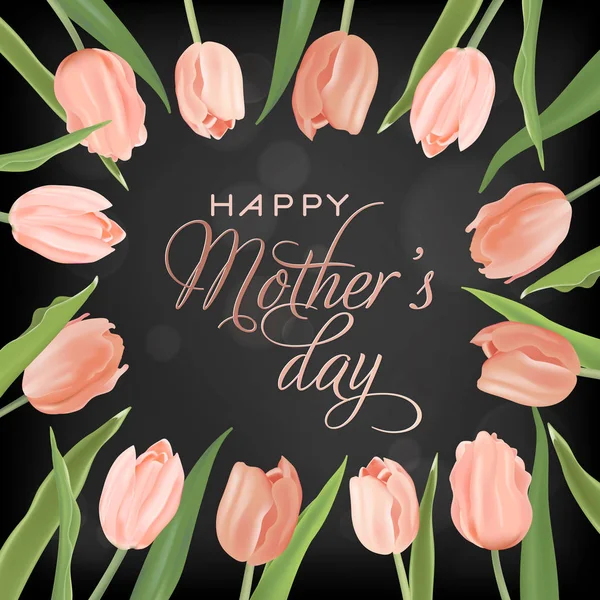 Plantilla de bandera del día de las madres con flores de tulipanes. Tarjeta de felicitación floral del día de fiesta de la madre para volante, folleto, venta Plantilla de descuento de primavera. Ilustración vectorial — Vector de stock