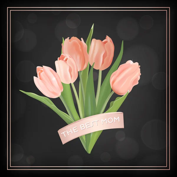 Modellino per la festa della mamma con mazzo di fiori tulipani. Festa della Mamma Biglietto di auguri floreale per Flyer, Brochure, Vendita Primavera Modello di sconto. Illustrazione vettoriale — Vettoriale Stock