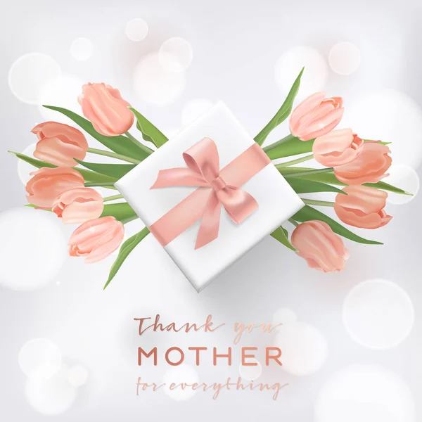 Happy Mothers Day Banner with Tulip Flowers. Mother Day Design with Gift Box for Greeting Card, Flyer, Poster, Brochure Sale Template. Vector illustration