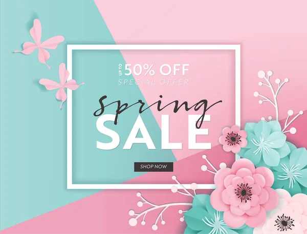 Lente Sale Banner achtergrond met papier gesneden bloemen. Voorjaar korting Voucher sjabloon, Brochure, Poster, reclame promotie. Vectorillustratie — Stockvector