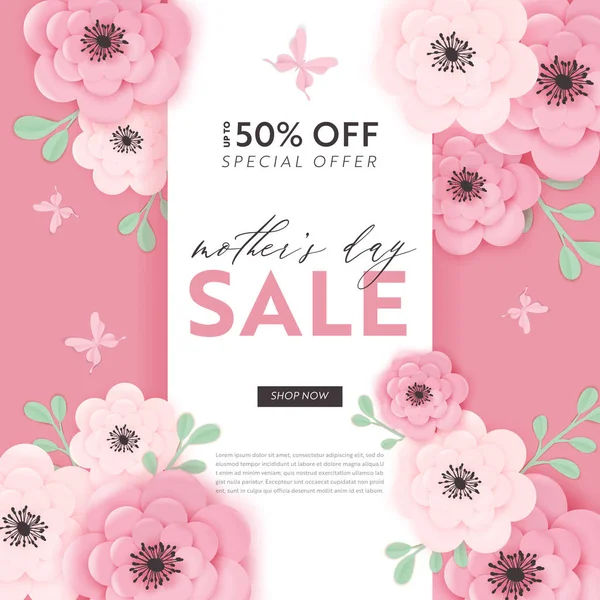 Μητέρες ημέρα πώληση ντιζάιν. Άνοιξη Promo έκπτωσης πρότυπο Banner με χαρτί κομμένα λουλούδια για Flyer, αφίσας, κουπόνι διαφήμισης. Εικονογράφηση διάνυσμα — Διανυσματικό Αρχείο