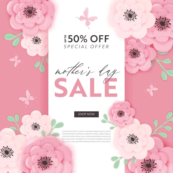 Mothers Day Sale Design. Modèle de bannière promotionnelle printanière avec fleurs coupées en papier pour la publicité Flyer, Poster, Voucher. Illustration vectorielle — Image vectorielle