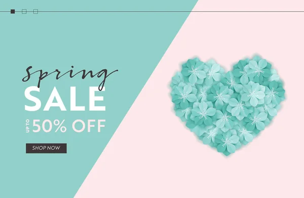 Plantilla web de venta de primavera con flores cortadas de papel. Oferta de descuento de primavera Web Banner para compras en línea con elementos florales para Landing Page, folleto, folleto. Ilustración vectorial — Vector de stock