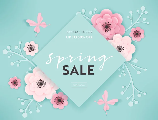 Lente Sale Banner achtergrond met papier gesneden bloemen en bloemen elementen. Voorjaar korting Voucher sjabloon, Brochure, Poster, reclame promotie. Vectorillustratie — Stockvector