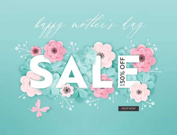 Mothers Day Sale ontwerpen. Lente Promo korting van de sjabloon voor spandoek met papier snijbloemen voor Flyer, Poster, Voucher reclame. Vectorillustratie — Stockvector