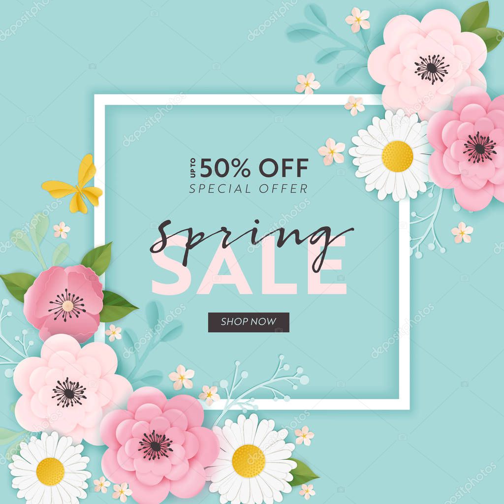 Spring Sale Banner Background with Paper Cut Flowers and Floral Elements. Spring Discount Voucher Template, Brochure, Poster, Advertising Promotion. Vector illustration