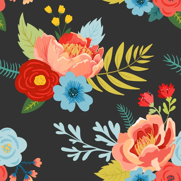 Patrón sin costura floral con flores, cogollos y hojas. Fondo Botánico de Tela para Textil, Envoltura, Papel pintado. Diseño mínimo de impresión de moda. Ilustración vectorial — Vector de stock