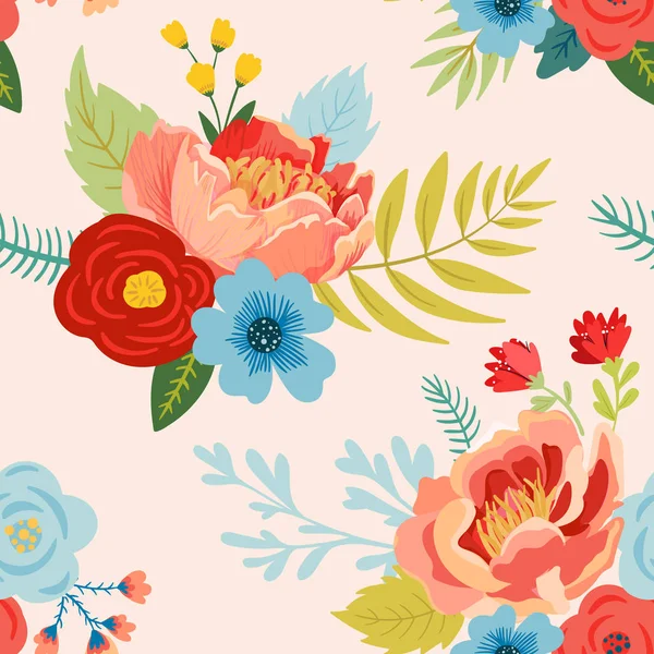 花、つぼみ、葉と花のシームレスなパターン。生地、織物、包装、壁紙植物の背景。ファッション印刷ミニマルなデザイン。ベクトル図 — ストックベクタ
