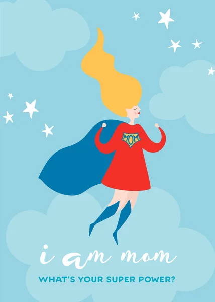 Dzień matki życzeniami z Super Mama. Matka superbohatera znaków w czerwony Design peleryna plakat dzień matki, Banner, tło. Wektor ilustracja kreskówka płaskie — Wektor stockowy