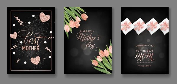 Matek den Pozdrav Card Design Set. Šťastné matky den leták s květiny, dárky a zlaté třpytky srdce pro plakát, Banner, pozvání. Vektorové ilustrace — Stockový vektor