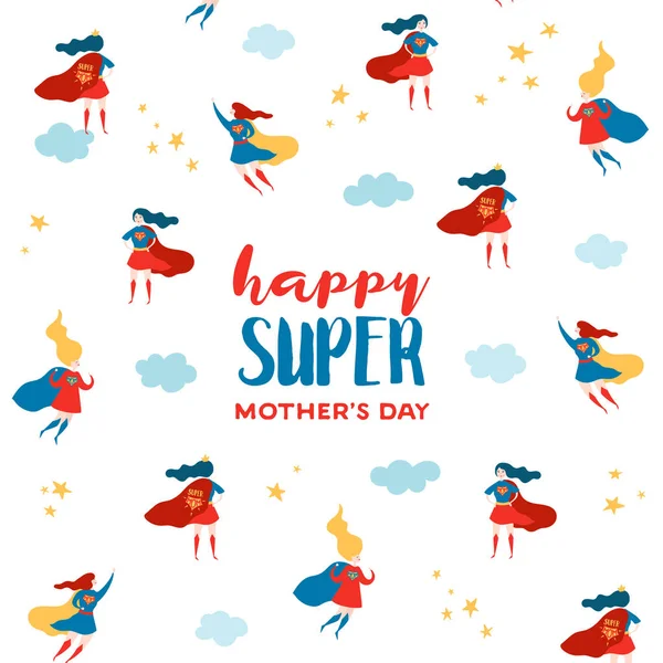 Matek den blahopřání s Super maminka. Superhrdina matka postava v červené Cape Design pro matky den plakátu, nápisu, na pozadí. Plochý kreslené vektorové ilustrace — Stockový vektor