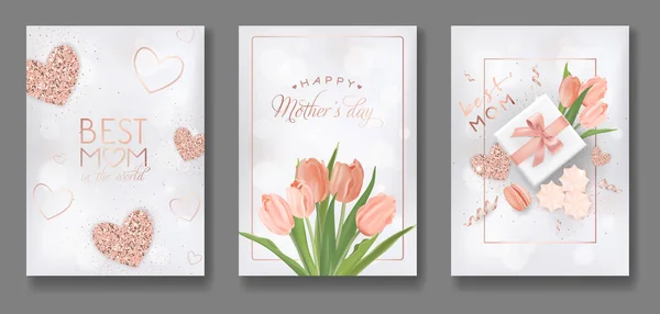 Mothers Day Greeting Card Design Set. Happy Mother Day Flyer with Flowers, Gifts and Golden Glitter Hearts for Poster, Banner, Invitation. Vector illustration — Stock Vector