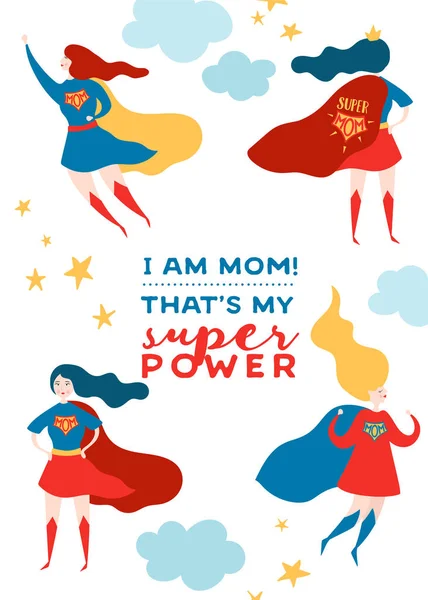 与超级妈妈的母亲节贺卡。超级英雄的母亲性格在红色海角设计为母亲节海报, 横幅。向量平的动画片例证 — 图库矢量图片