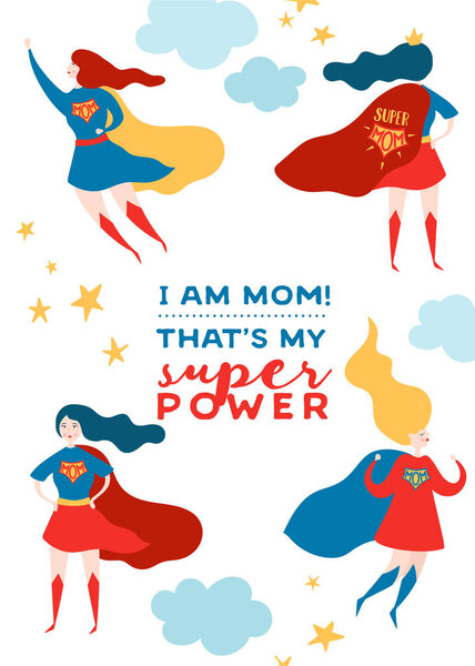 Поздравительная открытка на День Матери с Супер мамой. Супергерой Мать персонаж в Красной Мысе дизайн для плаката День матери, Знамя. Векторная плоская иллюстрация

