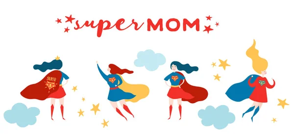 Anyák napi üdvözlőkártya szuper anyu. Anya szuperhős karakter a piros köpeny Design anya nap plakát, transzparens. Vektor lapos rajzfilm illusztráció — Stock Vector