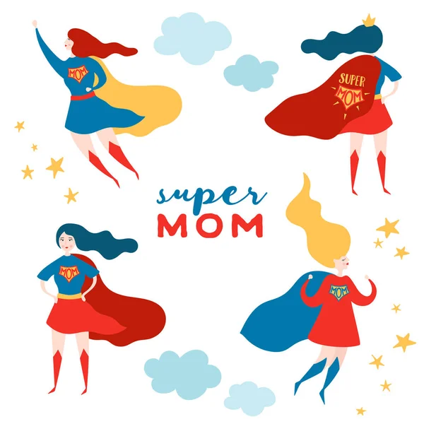 与超级妈妈的母亲节贺卡。超级英雄的母亲性格在红色海角设计为母亲节海报, 横幅。向量平的动画片例证 — 图库矢量图片