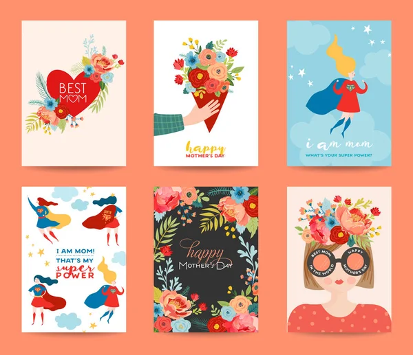 Set de tarjetas de felicitación del Día de las Madres. Diseño del día de la madre feliz con personaje de superhéroe mujer y ramo de flores. Floral Spring Banner, Poster, Flyer. Ilustración vectorial — Vector de stock