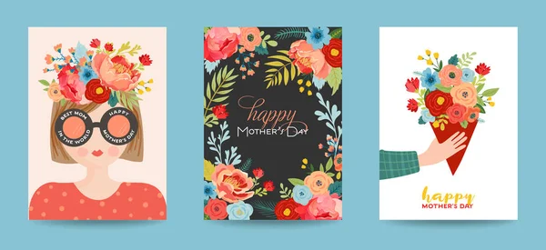 Set de tarjetas de felicitación del Día de las Madres. Primavera Feliz Día de la Madre Banner de vacaciones con flores y mamá personaje con ramo de volante, cartel. Ilustración vectorial — Vector de stock