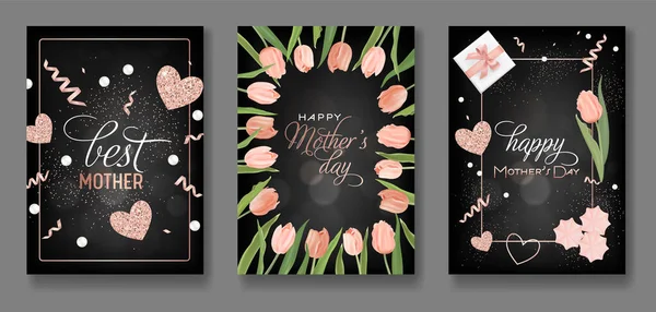 Matek den Pozdrav Card Design Set. Šťastné matky den leták s Tulip květiny, dárky a zlaté třpytky srdce pro plakát, Banner, pozvání. Vektorové ilustrace — Stockový vektor