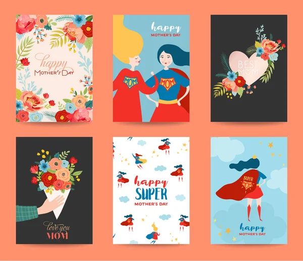 Set de tarjetas de felicitación del Día de las Madres. Diseño del día de la madre feliz con personaje de superhéroe mujer y ramo de flores. Floral Spring Banner, Poster, Flyer. Ilustración vectorial — Vector de stock