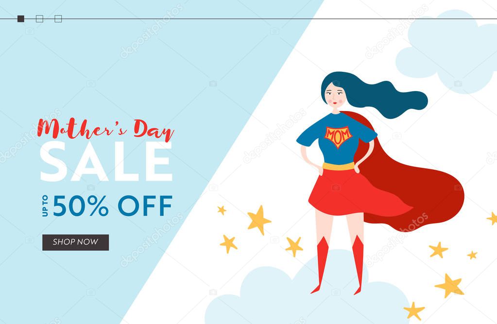 Mothers Day Sale Banner with Superhero Mother for Landing Page. Mother Day Promo Seasonal Discount Spring Design for Website, Web Page. Vector illustration