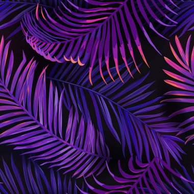 Tropikal Neon palmiye Dikişsiz desen bırakır. Jungle Purple renkli çiçek arka plan. Yaz egzotik botanik yeşillik kumaş, Tekstil için tropik bitkiler ile floresan tasarım. Vektör Illustration