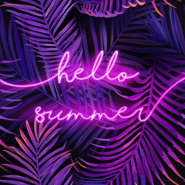 Palm Leaves ile Merhaba yaz tipografi Banner. Summer neon tabela arka plan. Tropikal ışıklı poster reklam için egzotik bitkiler ile. Vektör Illustration