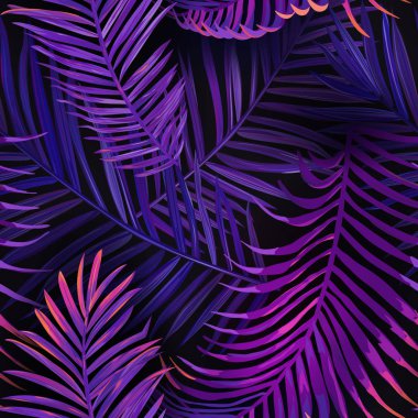Tropikal Neon palmiye Dikişsiz desen bırakır. Jungle Purple renkli çiçek arka plan. Yaz egzotik botanik yeşillik kumaş, Tekstil için tropik bitkiler ile floresan tasarım. Vektör Illustration