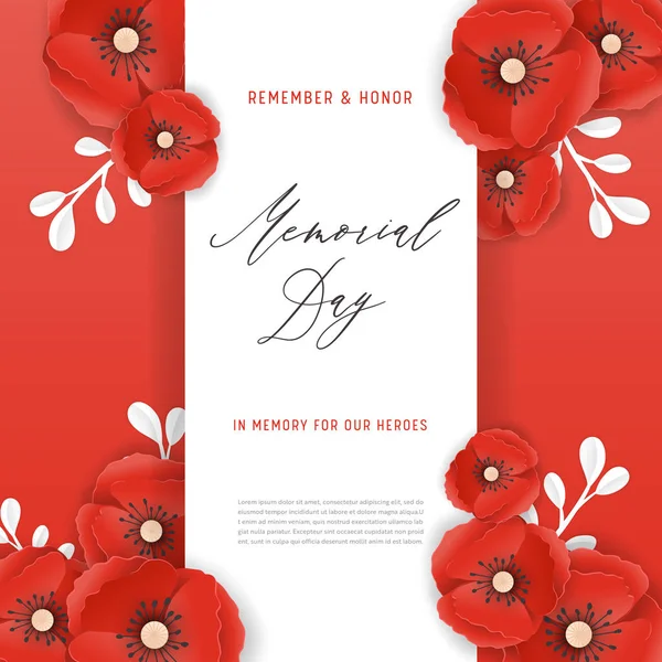 Banner del Día de los Caídos con Papel Rojo Cortado Flores de Amapola. Cartel del Día del Recuerdo con Símbolo de amapolas para volante, folleto, folleto. Ilustración vectorial — Vector de stock