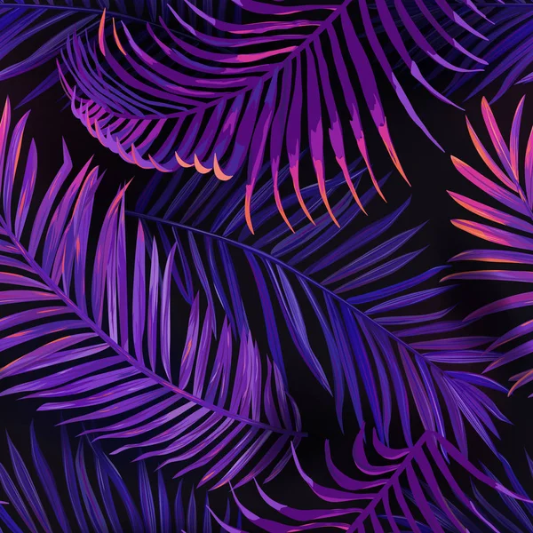 Tropický neon, zanechává bezespárový vzor. Purpurové barevné pozadí džungle. Letní exotický listoví fluorescenční design s tropickými rostlinami pro tkaniny, textilní. Vektorová ilustrace — Stockový vektor