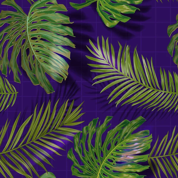 Tropische Palm laat naadloos patroon. Jungle bloemen achtergrond. Zomer exotische botanische gebladerte ontwerp met tropische planten voor stof, mode textiel, behang. Vector illustratie — Stockvector