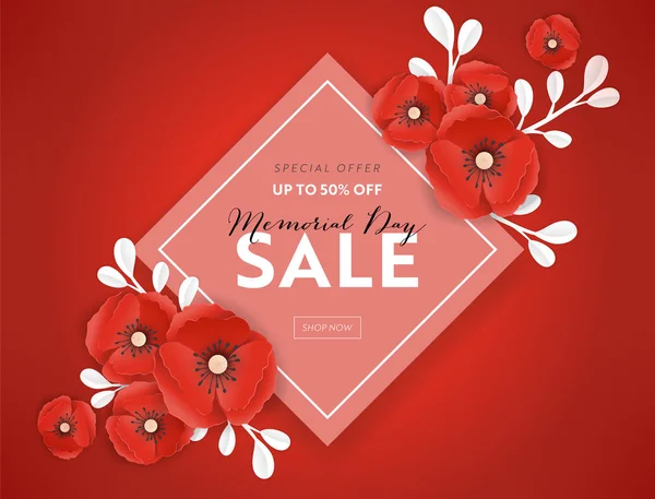 Bannière de vente de jour commémoratif avec des fleurs de pavot coupées en papier rouge. Affiche de réduction du jour du Souvenir avec Symbole de Coquelicots pour Promo Flyer, Brochure, Dépliant. Illustration vectorielle — Image vectorielle