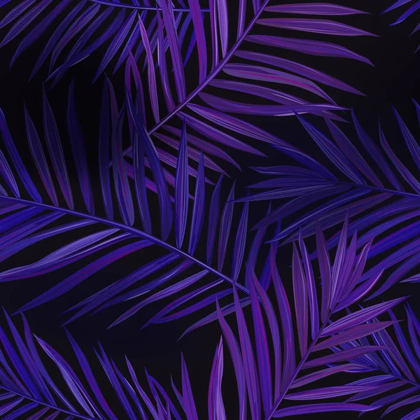 열 대 네온 야자수 완벽 한 패턴을 떠난다. 정글 보라색 꽃 배경 색상입니다. 직물, 직물을 위한 트로픽 식물을 가진 여름 이국적인 식물 단풍 형광 디자인. 벡터 일러스트 — 스톡 벡터